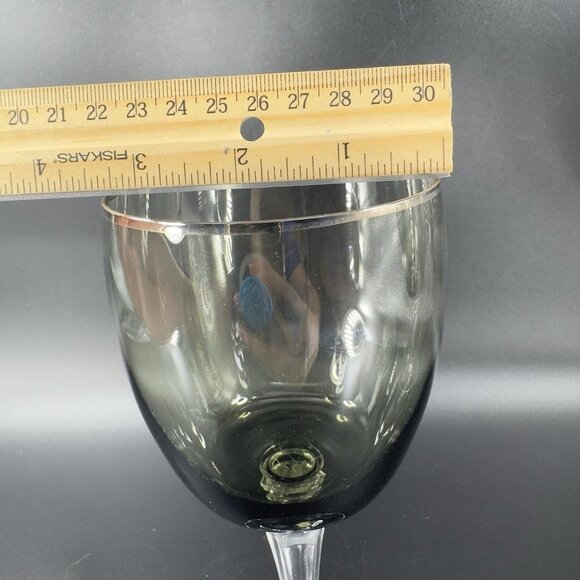 Sasaki Glass Platinum Rim Smokey Green Black Goblet Glasses Cups 7inch Set 2 VTG - Picture 4 of 11